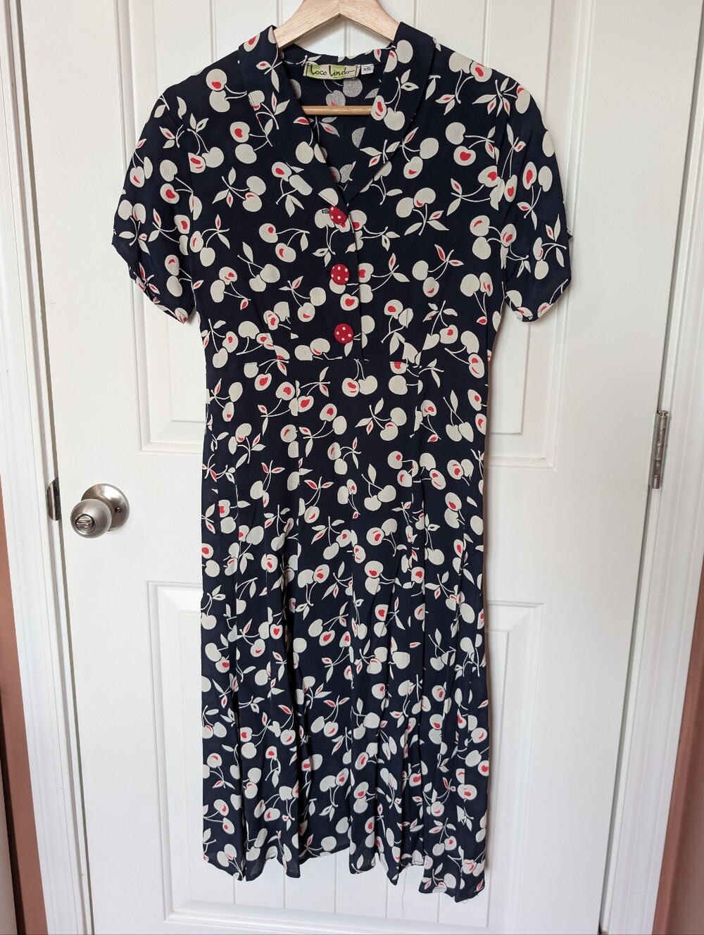 NWOT Loco Lindo Cherry Patterned Vintage Inspired Midi Dress XSmall Navy/White
